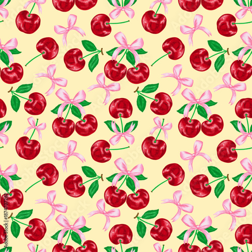 Seamless pattern of cherries with green leaves and pink ribbons on yellow background. The shiny red cherries repeat in various configurations, with small ribbons that are aesthetic, cheerful and fresh