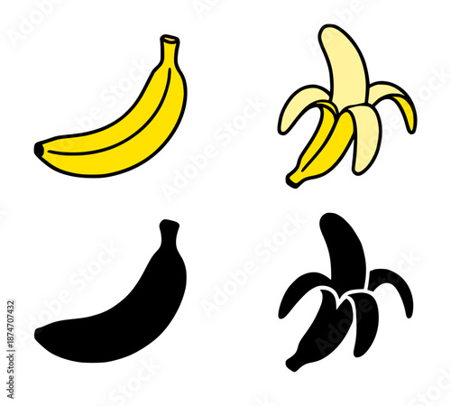 Tropical fruit icon, banana illustration in outline, silhouette and colored versions