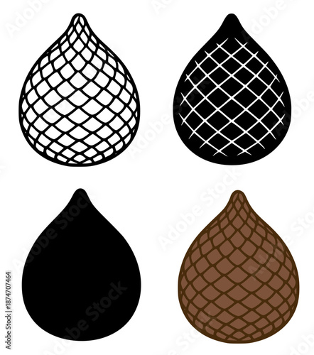 Tropical fruit icon, snake fruit illustration in outline, silhouette and colored versions
