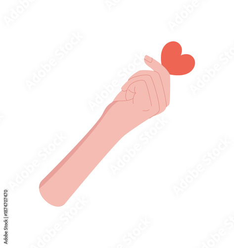 Flat cartoon hand holding a heart symbol with a minimalist design. Bold gesture of love, care, and charity. Creative concept emphasizing give and solidarity, perfect for aid campaigns, social themes,