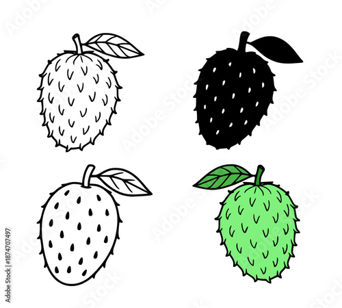 Tropical fruit icon, soursop illustration in outline, silhouette and colored versions