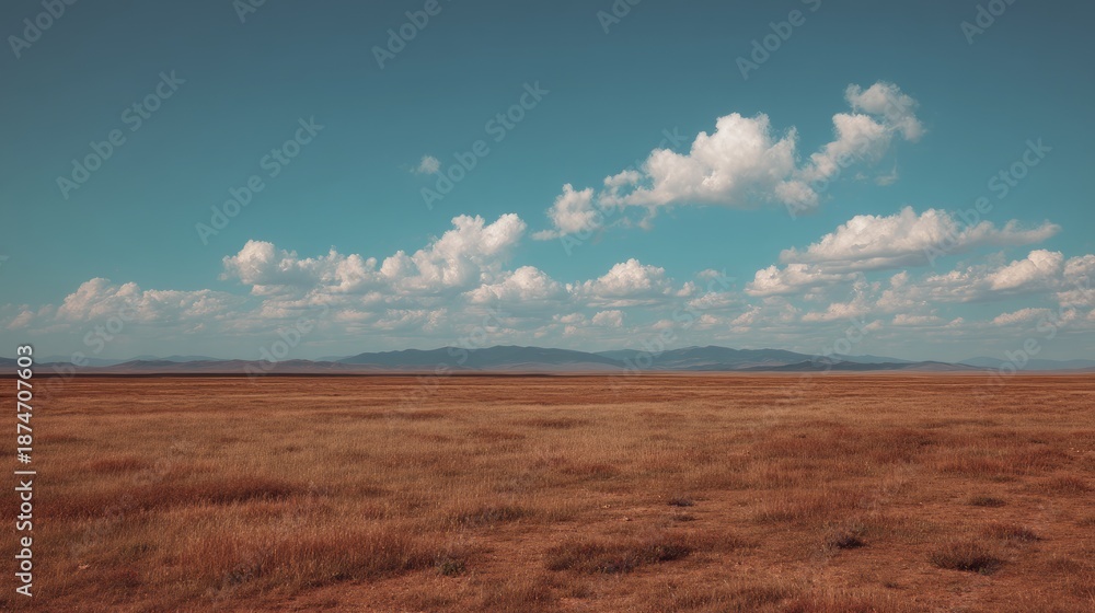 Fototapeta premium Expansive Tranquil Grassland Under Clear Blue Sky with White Clouds and Distant Mountains on the Horizon