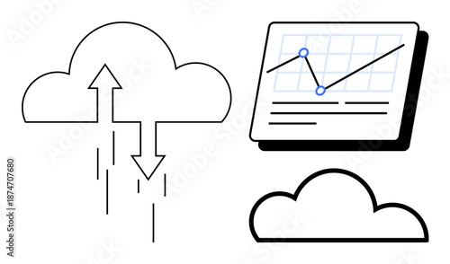 Cloud with upload and download arrows, graph on display showing analysis, small cloud below. Ideal for technology, big data, analytics, cloud storage, remote work innovation future. Simple flat