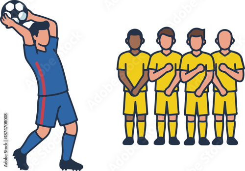 Soccer throw-in concept featuring a player throwing the ball into play while opposing defenders stand in a line, vector illustration.