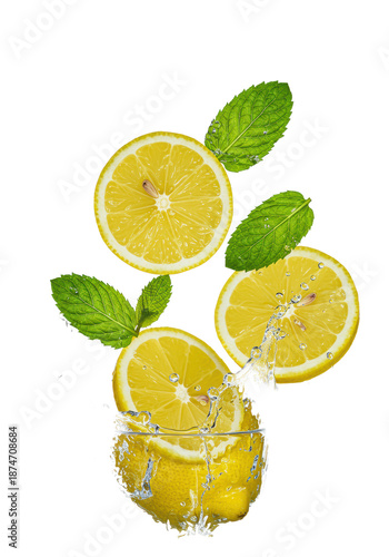 Vibrant yellow lemons, whole & sliced, with emerald mint leaves suspended in a dynamic, explosive water splash on a transparent background. Concept for refreshment advertising