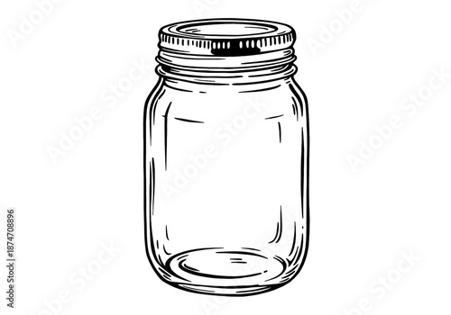 An empty glass mason jar, classic silhouette with threading details, isolated on a transparent background with abundant negative space, concept of DIY crafting