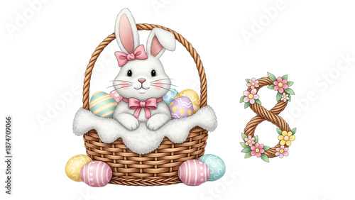 Easter bunny in a basket with eggs and floral wreath