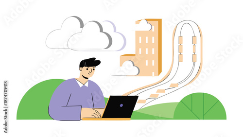 Man working on laptop outdoors with cityscape and cloud computing concept