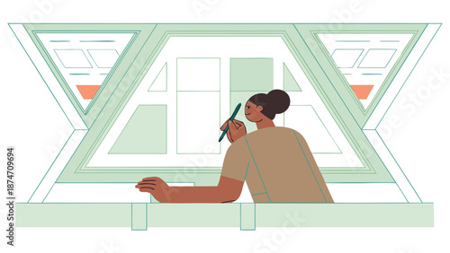 Woman leaning forward contemplative holding pen looking out window modern office setting minimalist style