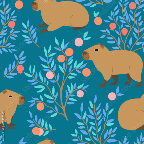 Seamless pattern with cute capybara and orange trees. Vector hand-drawn doodle illustration.