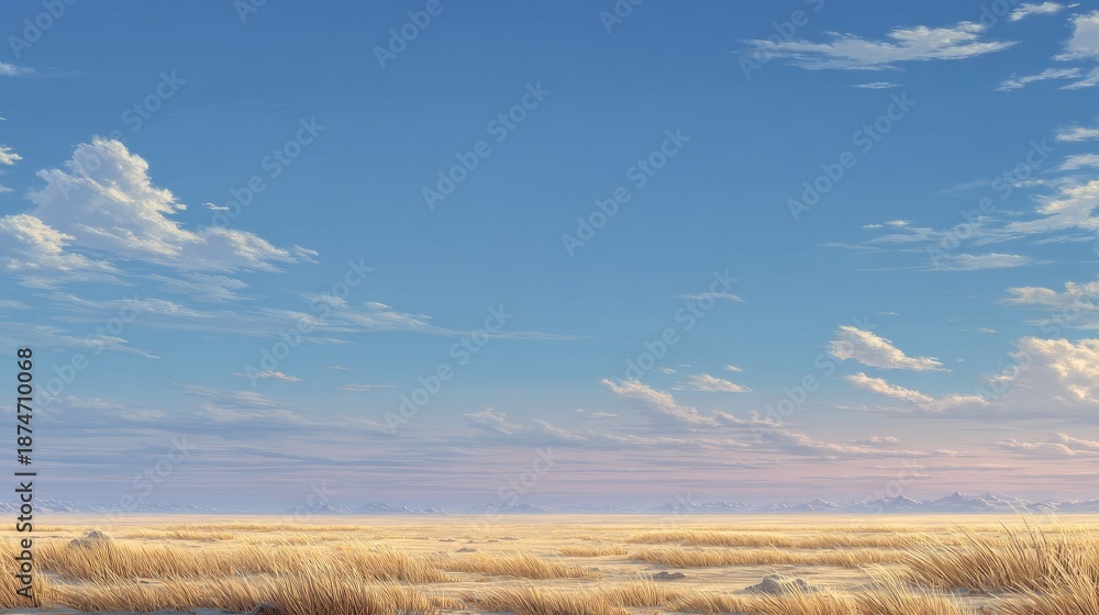 Fototapeta premium Serene Expansive Landscape with Open Sky and Soft Clouds Over Golden Grassy Plain Under Blue Horizon at Dusk