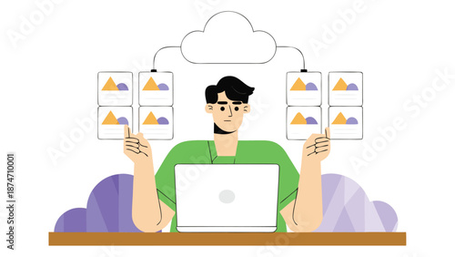 Young man sitting at desk with laptop organizing data flow between cloud and documents