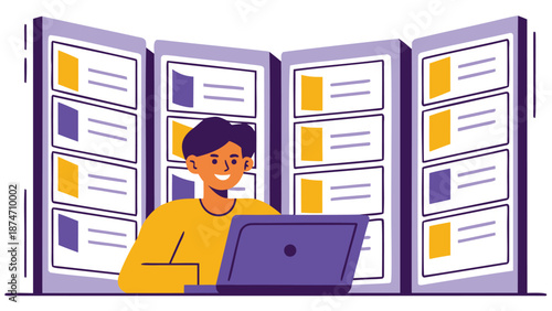 Smiling person working on laptop with colorful server screens in background illustration