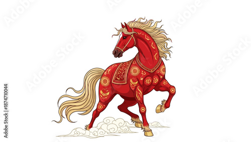 Red Horse Illustration with Decorative Saddle.