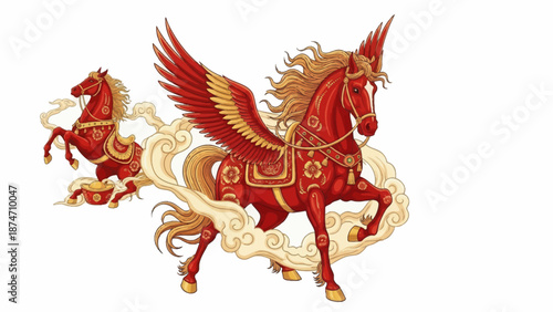 Mythical Pegasus Horses with Golden Accents.