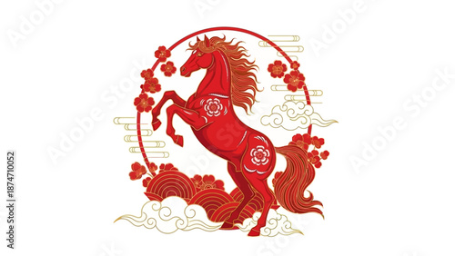 Red Horse Illustration with Floral Design.