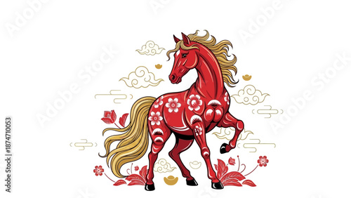 Red Horse Illustration with Floral Patterns.