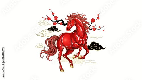 Red Horse Illustration with Flowing Mane.