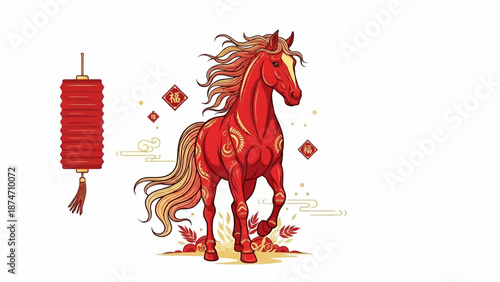 Red Horse Illustration with Flowing Mane.