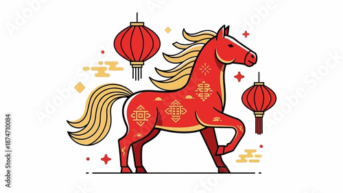 Red Horse Illustration with Lanterns and Symbols.