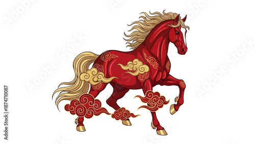 Red Horse Illustration with Golden Accents Running.