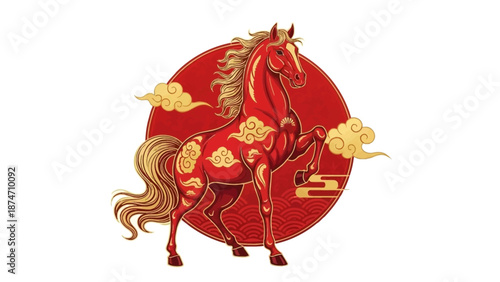 Red Horse Illustration with Golden Accents.