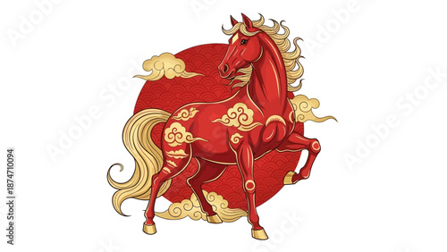 Red Horse Illustration with Golden Accents.