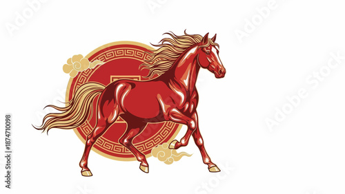 Red Horse Running with Flowing Mane.