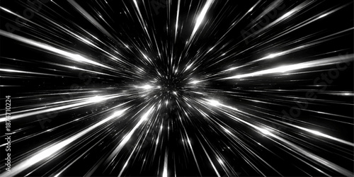 An abstract 3d illustration of a bright blue light explosion bursting across a dark night sky background with glowing stars, motion speed, and laser energy in a black galaxy design wallpaper