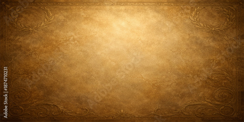 Vintage aged parchment background featuring a grungy brown paper texture and an antique gold pattern on a worn retro backdrop