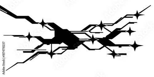 Black horse and airplane silhouettes in a vector illustration featuring a woman in a yoga sport pose with birds and symbolic signs