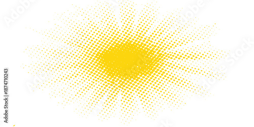 Bright orange and yellow abstract sun vector illustration featuring a shiny circular pattern with hot summer rays and halftone textures for a decorative light element backdrop