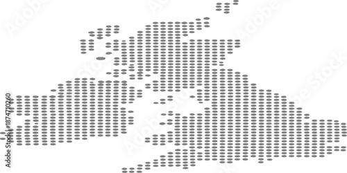 Vector illustration of a digital world map featuring a dotted pattern design and pixel mosaic texture of the European continent including countries like Italy, Spain, and Austria