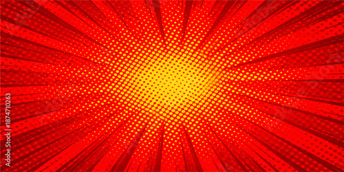 Red abstract background featuring vibrant red and orange sunburst rays in a bright vector illustration with a glowing energy explosion pattern and a hot summer grunge texture