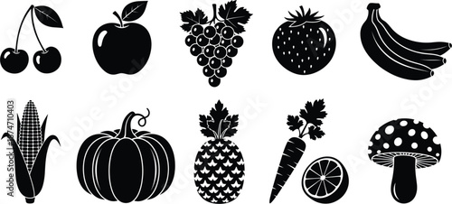 Black silhouette fruit and vegetable icon set including apple banana grapes strawberry cherry pumpkin corn pineapple and mushroom for healthy organic food branding.