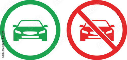 Car parking and no entry traffic sign vector set with green permit circle and red prohibited symbol for road safety and navigation.