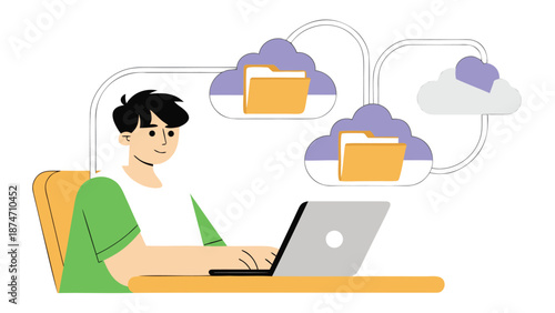 Young man working on laptop with cloud storage concept file sharing and online data management