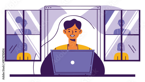 Man working on laptop with headset in modern office setting surrounded by digital screens and abstract background elements focused on his task with a smile