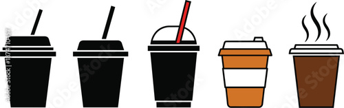 Coffee and cold beverage take away cup icon set featuring plastic soda cups with straws and hot paper coffee cups with steam for cafe branding.
