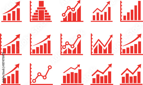 Collection of red business growth chart icons and financial bar graphs with rising arrows representing success data analysis profit and market trends.
