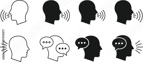 Communication icon set with human head silhouettes speaking and thinking with speech bubbles for language learning, social interaction, and mental health concepts.