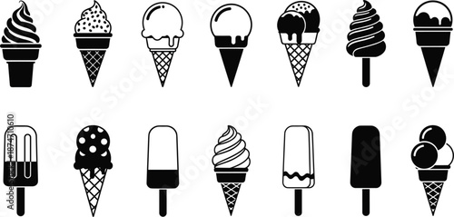 Ice cream and frozen dessert icon set featuring soft serve cones, popsicles, gelato scoops, and sundae treats in black silhouette and outline styles for summer branding.
