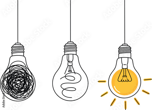 Lightbulb evolution set showing the creative process from tangled scribbles to a clear filament and a glowing yellow light for brainstorming innovation and problem solving.
