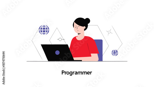 Woman programmer working on laptop flat illustration style global network connections coding and development theme professional software engineer concept digital workspace setup