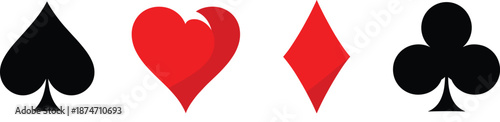 Playing card suit icons featuring black spade and club symbols with red heart and diamond shapes for casino gaming poker tournaments and betting app design.