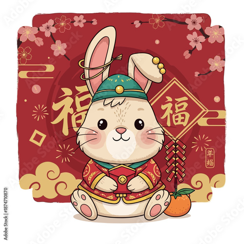 Charming cartoon rabbit in festive attire holds a lucky red envelope, surrounded by traditional decorations for a prosperous Lunar New Year celebration, symbolizing joy and good fortune