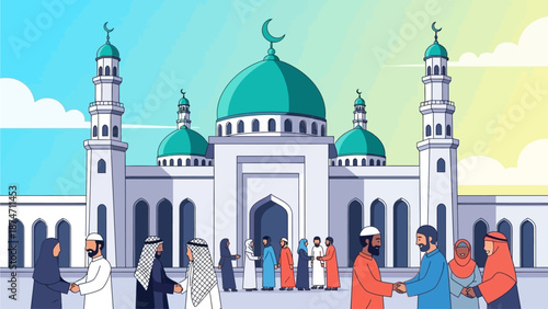 This flat design vector illustration showcases a beautiful mosque exterior where Muslims are exchanging Eid greetings, symbolizing community, worship, and mutual forgiveness