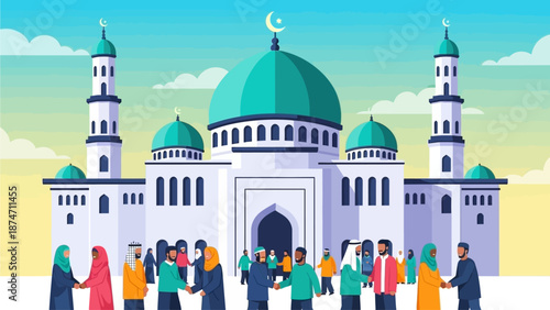 This flat design vector illustration showcases a beautiful mosque exterior where Muslims are exchanging Eid greetings, symbolizing community, worship, and mutual forgiveness