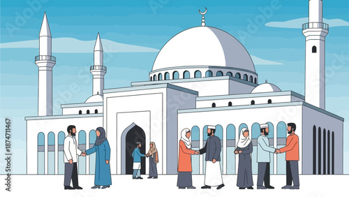 This flat design vector illustration showcases a beautiful mosque exterior where Muslims are exchanging Eid greetings, symbolizing community, worship, and mutual forgiveness