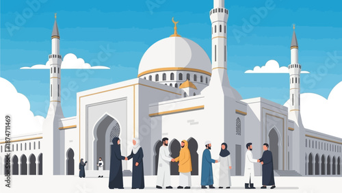 This flat design vector illustration showcases a beautiful mosque exterior where Muslims are exchanging Eid greetings, symbolizing community, worship, and mutual forgiveness
